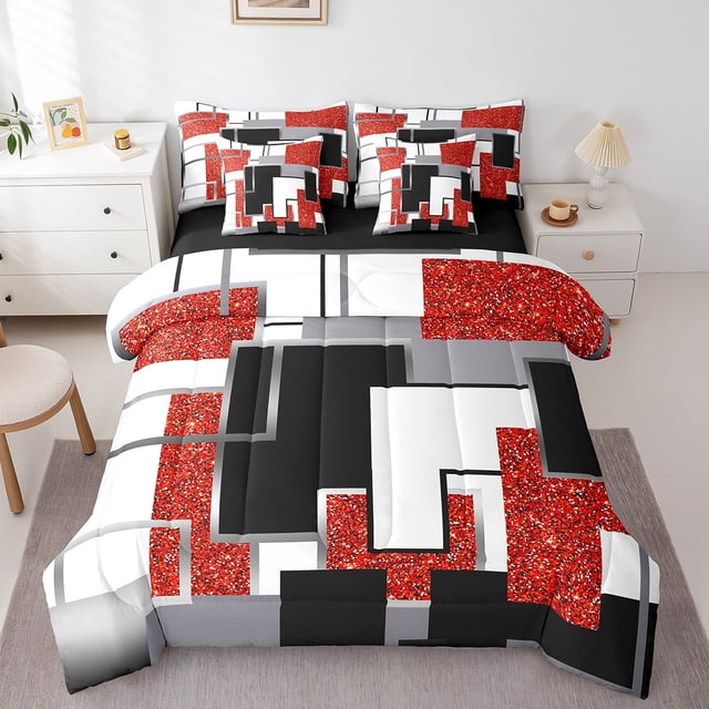 YST Kids Abstract Geometric Comforter Set With Sheets 7 Piece Sequins Buffalo Check King Bedding Set For Boys Girls,Red Black Grey Bed In A Bag Checkered Grids Bed Set Soft Lightweight