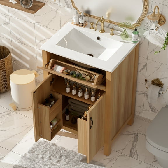 MODERNLUXE 24" Bathroom Vanity with Sink Combo Set,Solid Wood Frame Bathroom Storage Cabinet with 1 Flip Drawer, Adjustable Shelf & 2 Soft-Close Doors with Organizer,Natural