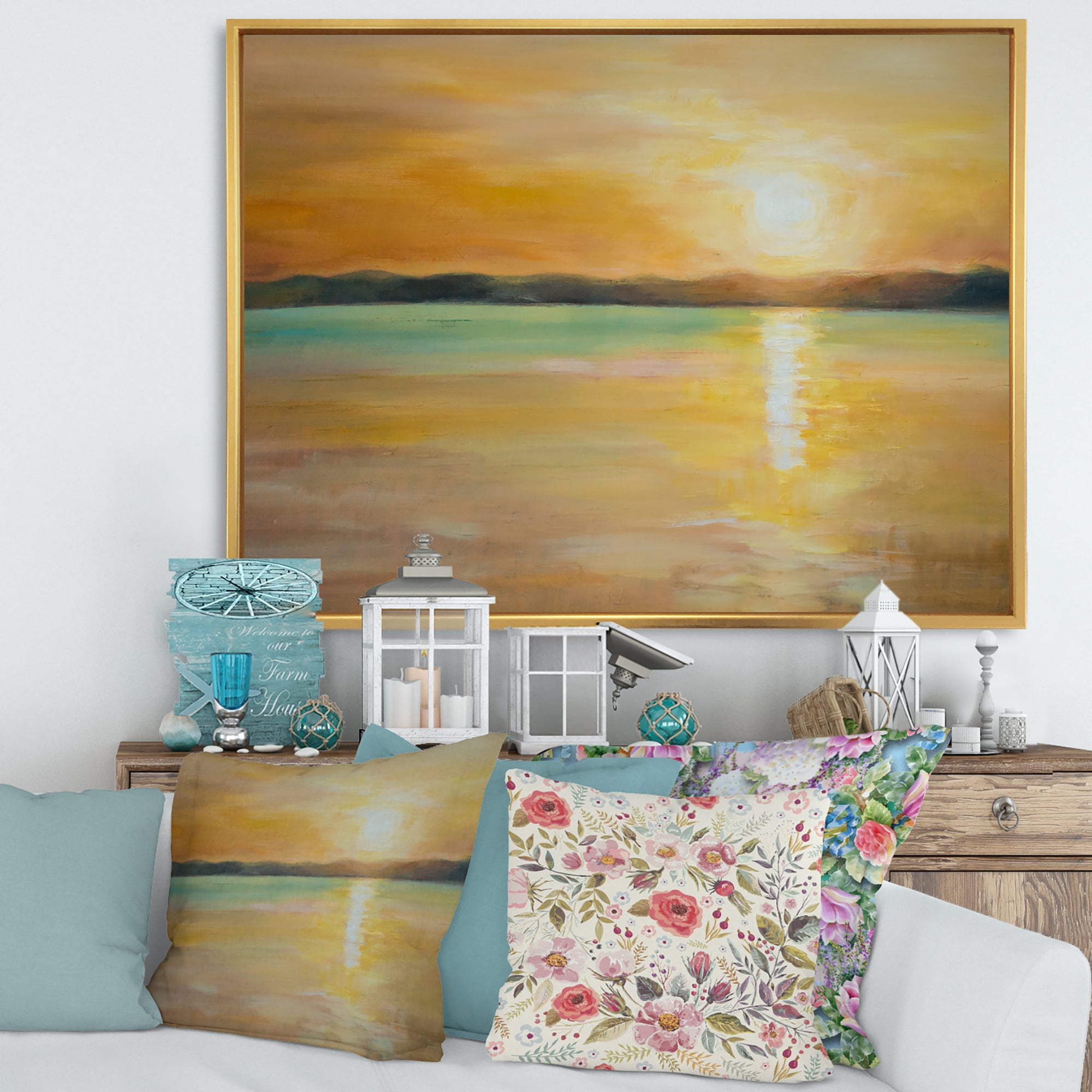 Designart 'Abstract Yellow Sunset At The Horizon' Nautical & Coastal Framed Canvas Wall Art Print