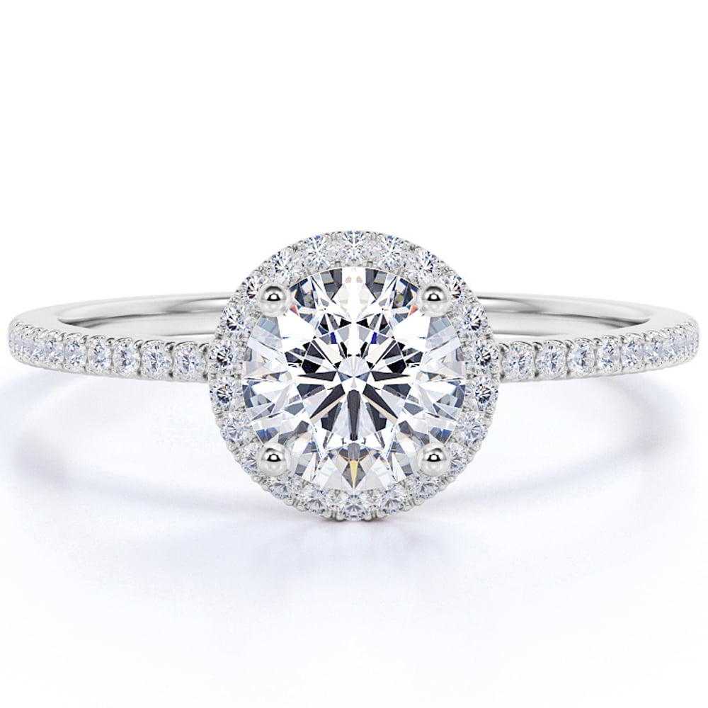 JeenMata 1.75 Carat Round cut Moissanite Halo Wedding Ring in 18k White Gold Over Silver