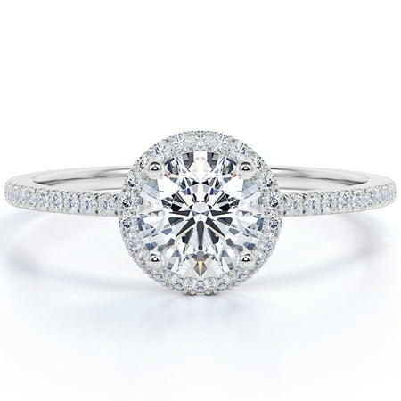 JeenMata 1.75 Carat Round cut Moissanite Halo Wedding Ring in 18k White Gold Over Silver