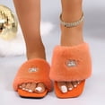 thumbnail image 4 of Women Fluffy Faux Fur Rhinestone Crown Square Open Toe Slide Slippers Orange 7, 4 of 9