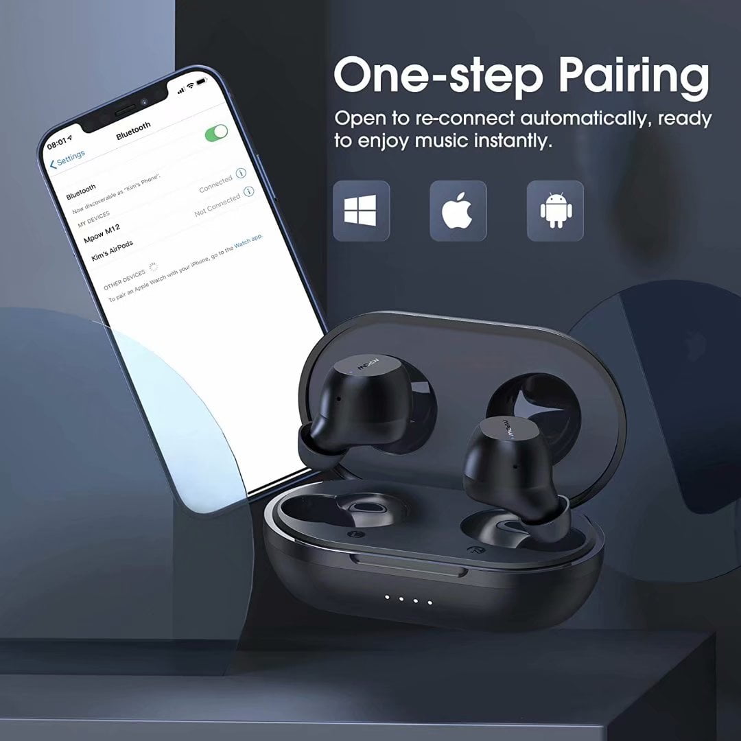 Mpow M12 Wireless Earbuds Bluetooth 5.0 Headphones w Mic USB C Charging Case Bass Sound IPX8 25 Hrs Mono Dual Modes Black