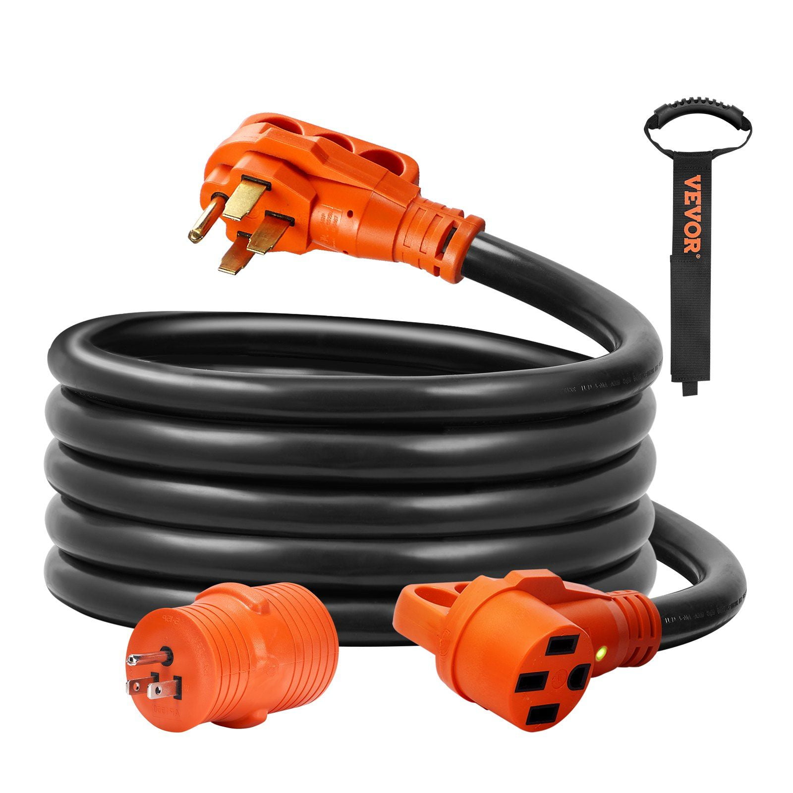 50 Amp RV Extension Cord 15ft, NEMA 14-50 Plug to Receptacle, STW Heavy Duty w/LED Handle & Adapter, ETL Certified for Campers, Trams, RVs