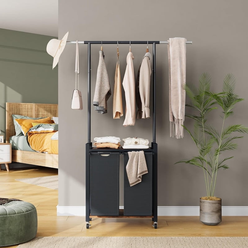 TROPOW 2 Section Laundry Sorter - Laundry Hamper with Wheels, Hanging Rack & Shelf, Rolling Clothes Storage Basket Organizer for Bedroom, Laundry Room
