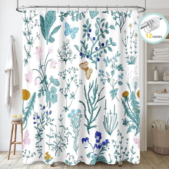 Zrodlmo Blue Floral Shower Curtain with Hooks, Water-Repellent Plant Herbs Butterfly Fabric Bathroom Curtain, 72"x 72"