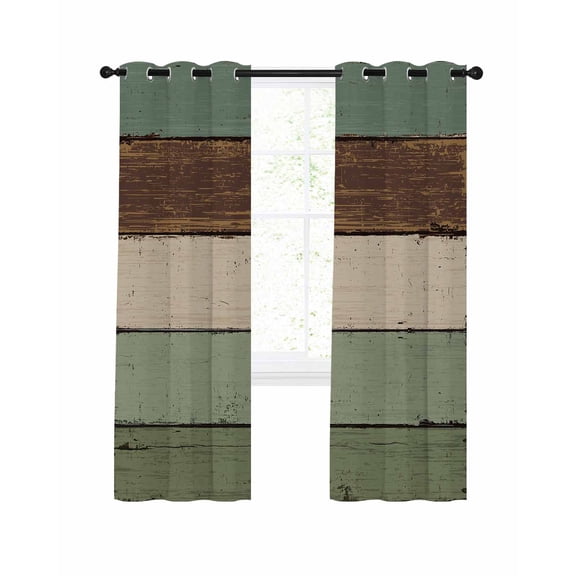 Green Brown Blackout Curtains, Light Blocking Print Window Curtains, Country Wood Grain Abstract Stripe Thermal Insulated Window Drapes for Living Room Kitchen Cafe 2 Panels, 84"W x 63"L