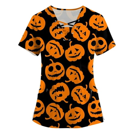

RPVATI Scrubs for Women Tops Halloween Bat Printed Clothes Loose Fitted Fall Plus Size Nursing Uniforms Work Short Sleeve V Neck Shirts Clearance Patterned with Pockets Scrub Tops Ginger 4XL