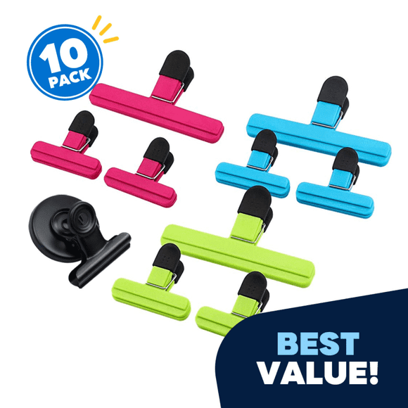 Pack of 9 Chip Bag Clips + 1 Magnetic Clip - Large / Medium Size, Assorted Sizes Fresh Food Bag Clips Plastic Heavy Seal Grip Photo File Clamps, for Kitchen / Office / Home