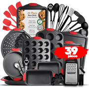LammaLoe Bakeware Sets Nonstick Carbon Steel, 39 Piece Black Baking Pan Set With Silicone Handles & Black Cooking Utensil Set