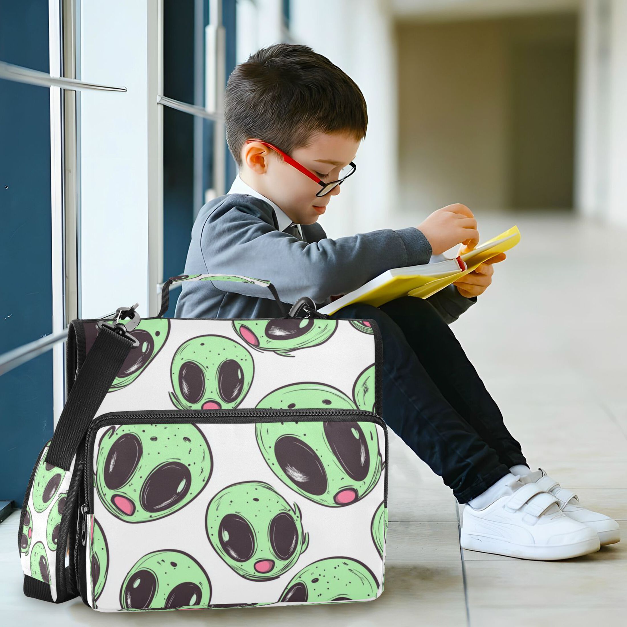 Zipper Binder 3 Rings Stationery Office Files Daily Organizer File Folder Storage Bag Cartoon Green Aliens