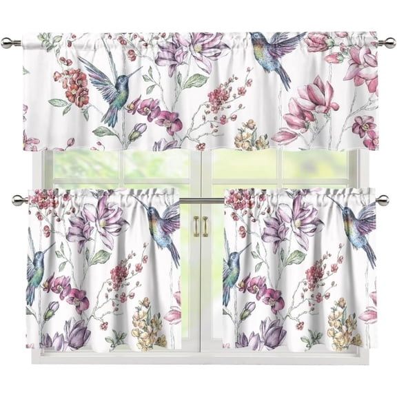 Floral Hummingbird Kitchen Curtains Valance and Tiers Set Iris Window Treatment Valance Curtains Insulated Blackout Drapes with 2 Tiers Curtains for Kitchen Bathroom Living Room