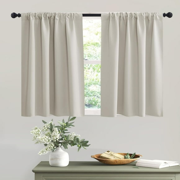 TRAHOO-Blackout Short Cafe Curtains, Privacy Light Block Small Window Curtains for Bedroom Kitchen Basement Dining Classroom, W 52 x L 36 inches, Natural, 2 Panels