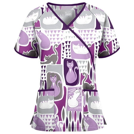 

Danhjin Womens Nursing Scrub Tops Printed Working Uniform Short Sleeve V-Neck Workwear Blouse T-shirt with Pockets Scrubs - Summer Savings Clearance