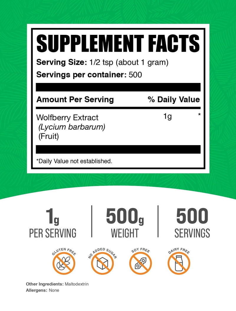 BulkSupplements Wolfberry Extract (Goji Berry) Powder - 1g per Serving - 500 Grams (1.1 lbs) - 500 Servings