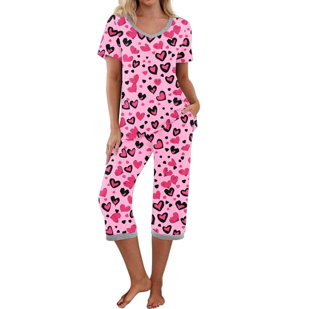 Puntoco Conjunto de pijama cómodo para mujer Conjunto de pijama y pantalón de manga corta con cuello en V para mujer Conjunto de pijama informal con bolsillos