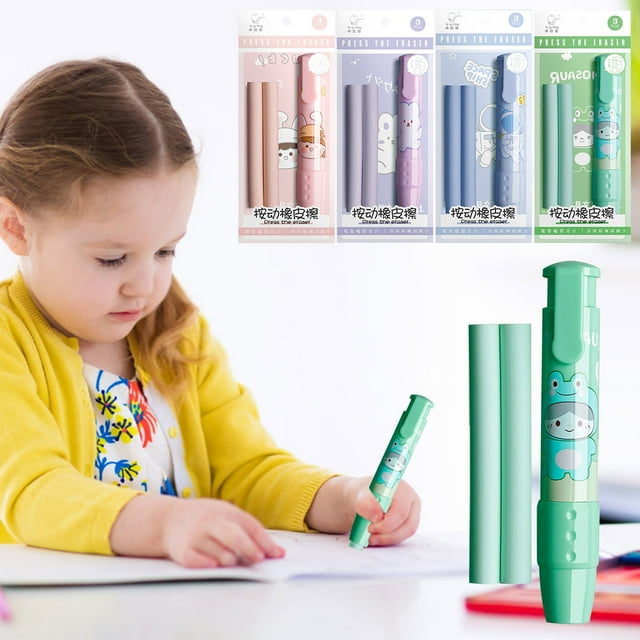 Pluma de borrar de dibujos animados | Borrador retráctil para escribir y dibujar, material duradero no tóxico, estampado divertido de animales, corrección suave, 1 paquete, material escolar