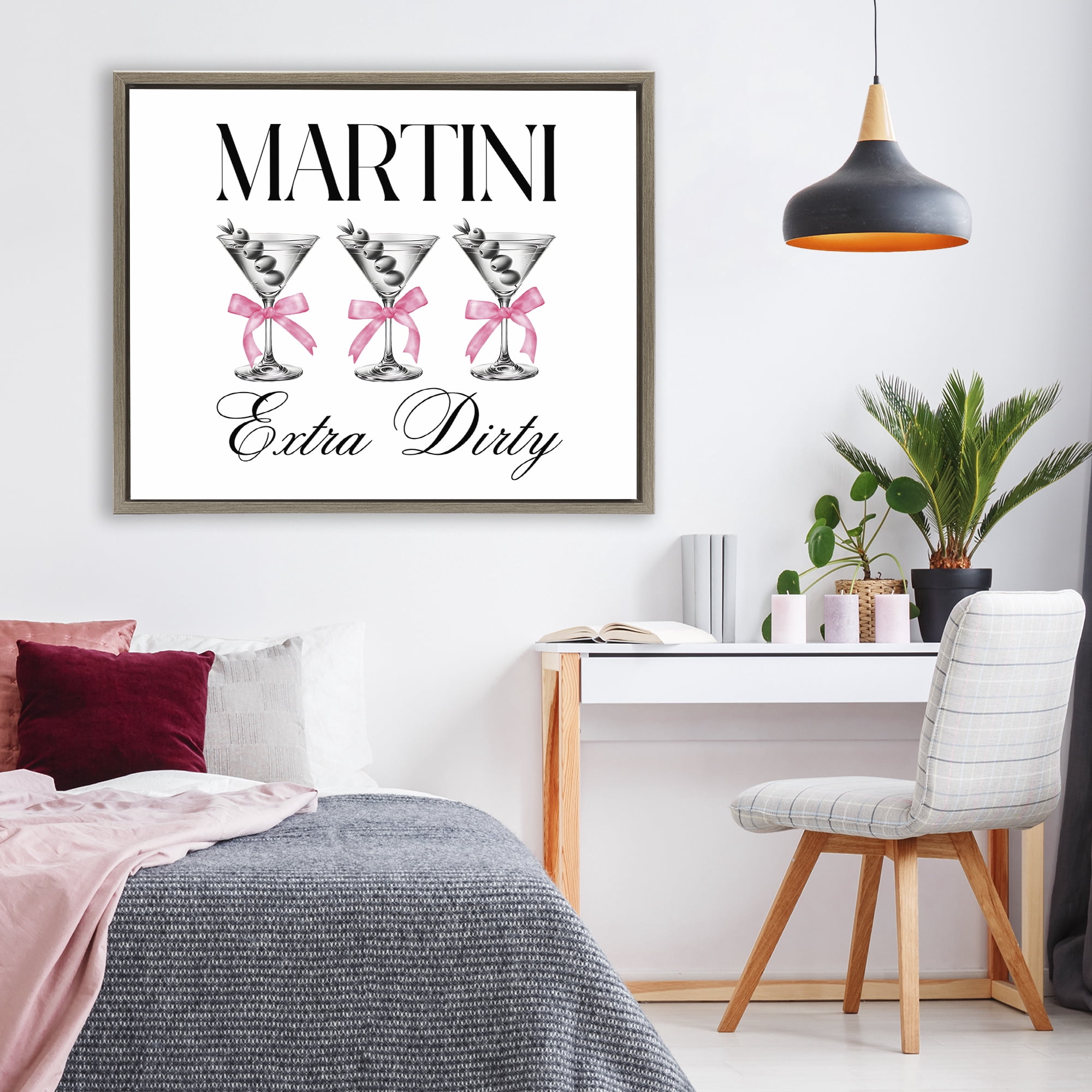 Stupell Industries Pink Ribbon Martini Trio Brown Framed Floater Canvas Wall Art, design by Lettered and Lined