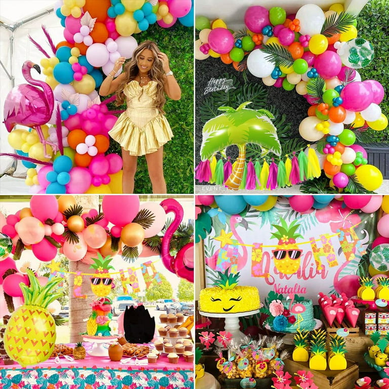 GEEKEO Hawaiian Party Decorations, Tropical Summer Party Decorations with  Flamingo Balloons, Aloha Banner, Birthday Balloons for Tiki Luau Flamingo
