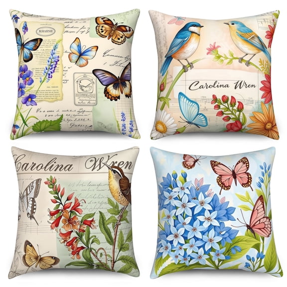 Dashan Birds Pillow Cover 18x18 Inch,Set of 4 Spring Summer Floral Cushion Cases for Couch Sofa Bed Home Decor