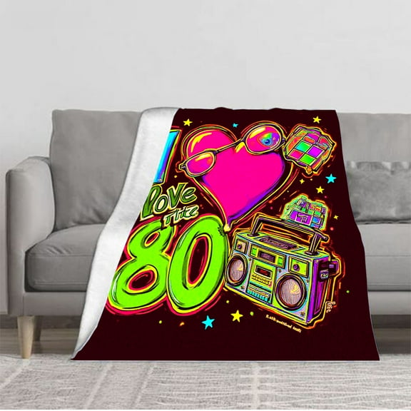 Vibrant Retro 80s Flannel Blanket - Soft Cozy Design with Colorful Hearts Boombox and Geometric Shapes for Sofa Travel and Bed