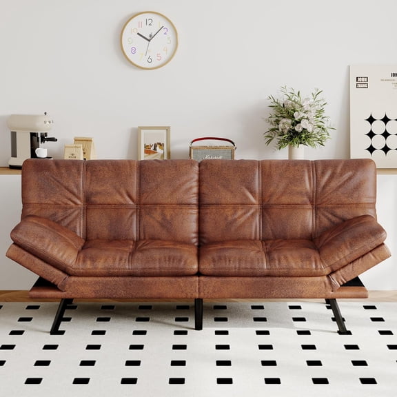 Futon Sofa Bed Convertible Couch, Brown Faux Leather Sofa Bed with Memory Foam, Adjustable Backrest & Armrests, Multifunctional Small Loveseat Sleeper Sofa for Living Room, Apartment, Office
