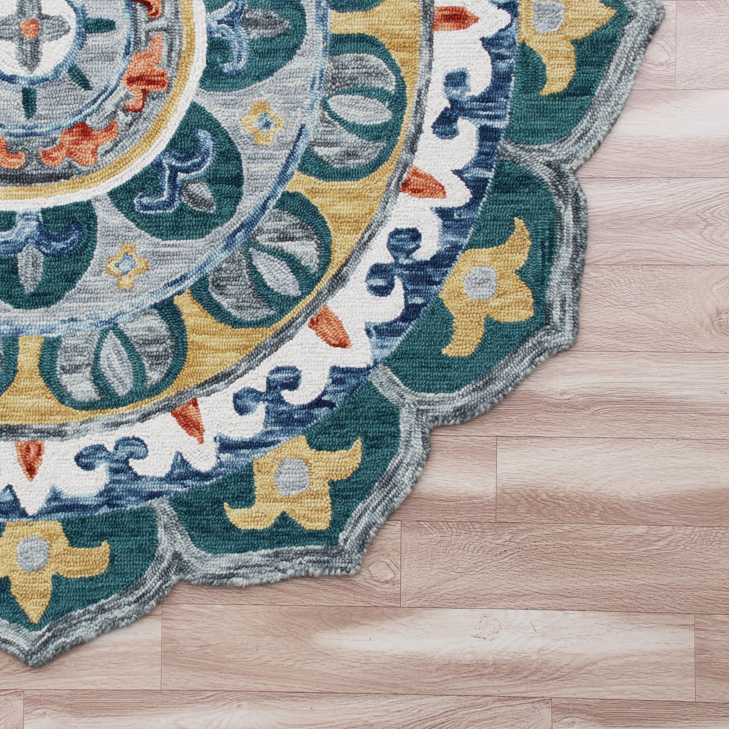 Ox Bay Talia 4' Round Teal/Multi Medallion Wool Indoor Area Rug
