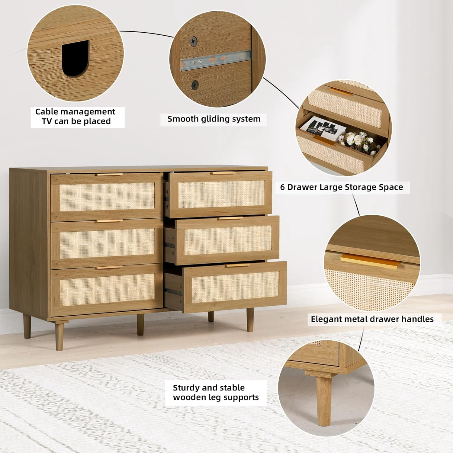 LAZZO 6-Drawer Rattan Dresser, Modern Chest of Drawers, Wooden Storage Organizer for Bedroom, Living Room & Hallway, Brown