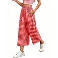 thumbnail image 4 of Costeam Womens Gingham Plaid Elastic High Waist Cropped Wide Leg Capri Pants Dual Side Inset Hand Pockets Soft Lightweight Knit Loose Fit Summer Casual Trousers, 4 of 6