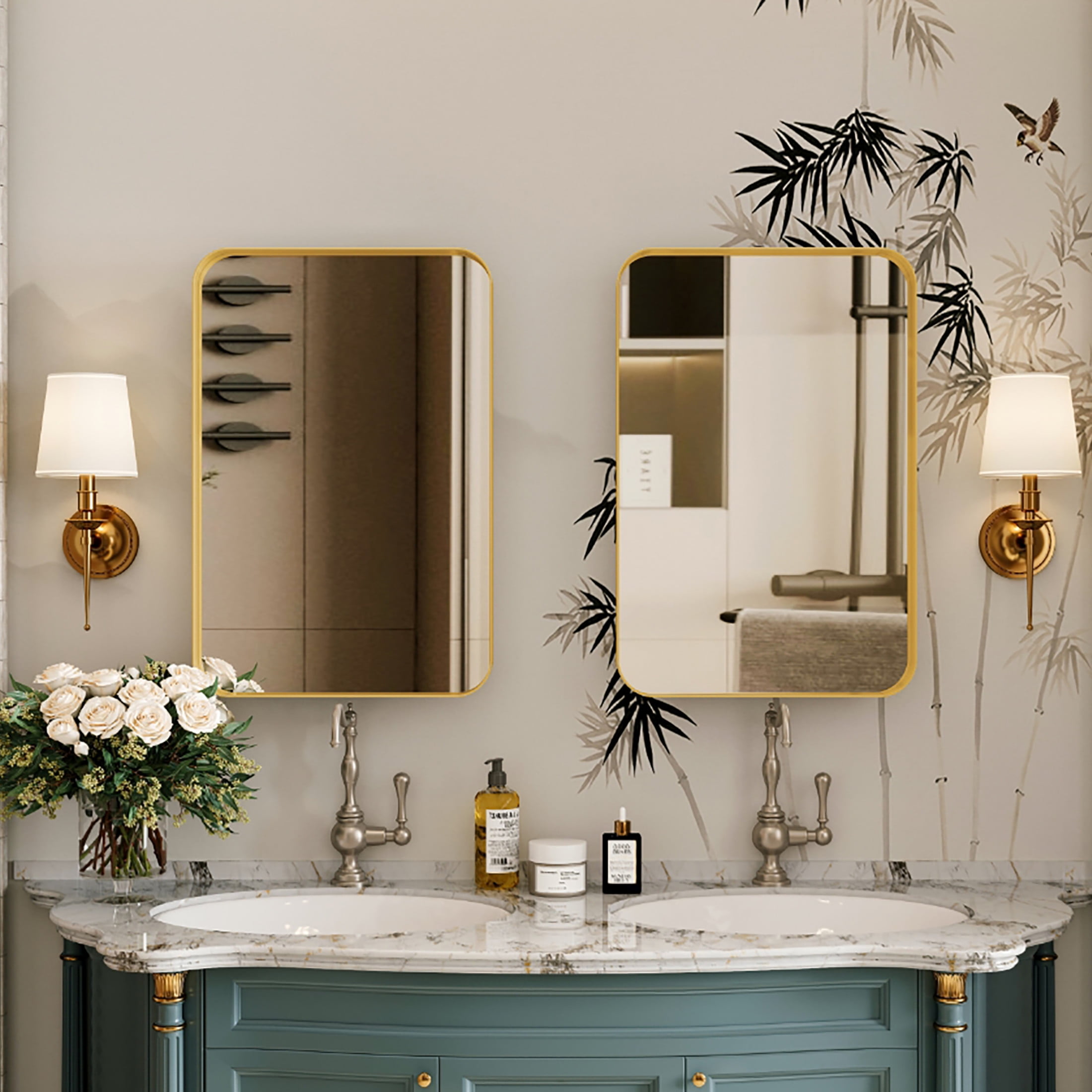 Noble House Modern Recessed Medicine Cabinet with Mirror, Metal Frame & Adjustable Glass Shelves, Golden