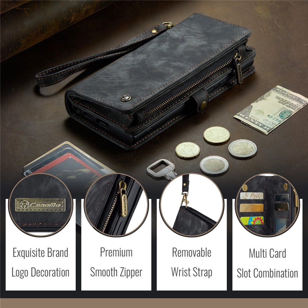 CaseMe Leather Case for iPhone 16e,2 in 1 Detachable Wallet Case with 8-Card Holder Zipper Bills Slot,Magnetic Shockproof Flip Leather Cover Zipper Pocket Phone Cases,Black,For iPhone 16e