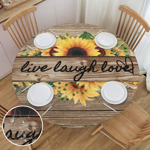 Sunflower On Board Rustic Yellow Summer Fall Live Laugh Love Round Fitted Table Cover Elastic Edge Circle Tablecloth for Outdoor Dining Party Holiday Fits Table up 45"-50" Diameter