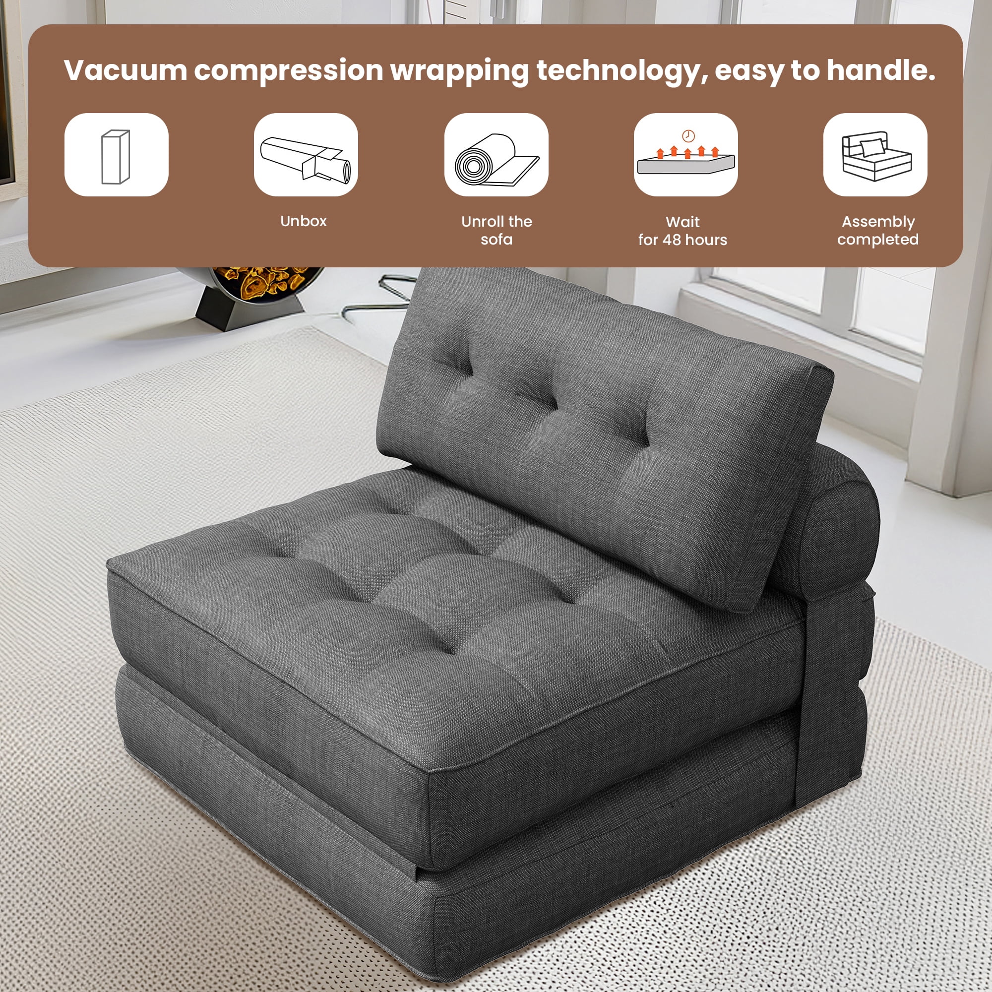 SERWALL Folding Sofa Chair, 4-in-1 Convertible Sofa Bed, Foldable Sofa Chair for Bedroom, Grey