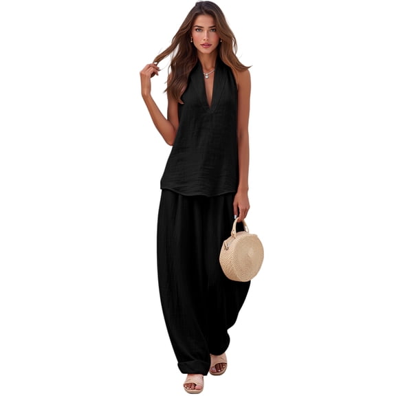 Women 2 Piece Outfits Halter V Neck Sleeveless Top and Wide Leg Pants Set with Pockets Black S