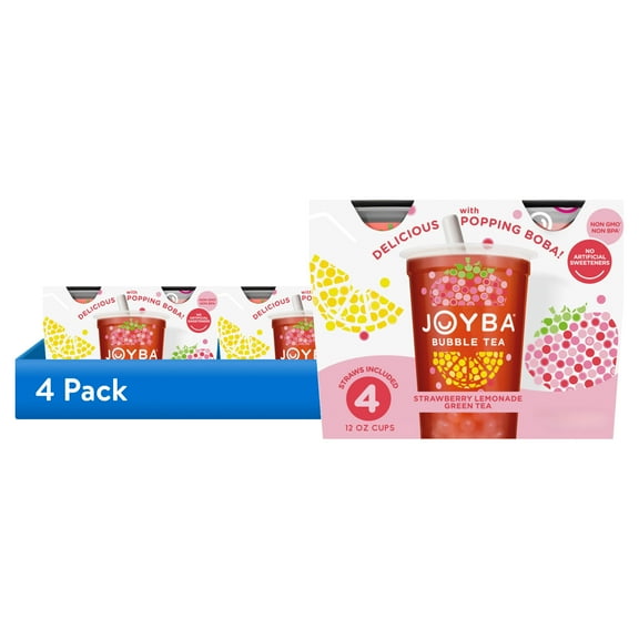 (4 pack) Joyba Strawberry Lemonade Green Tea Bubble Tea, 12 fl oz Cup (Pack of 4)