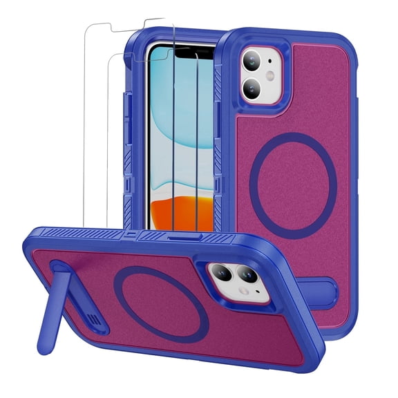 for iPhone 12 Case,Dual Layer With Kickstand Compatible For MagSafe,2 PCS Screen Protector,Military Shockproof Matte PC with Soft Edges Phone Cover For iPhone 12 6.1"(Rose Blue)