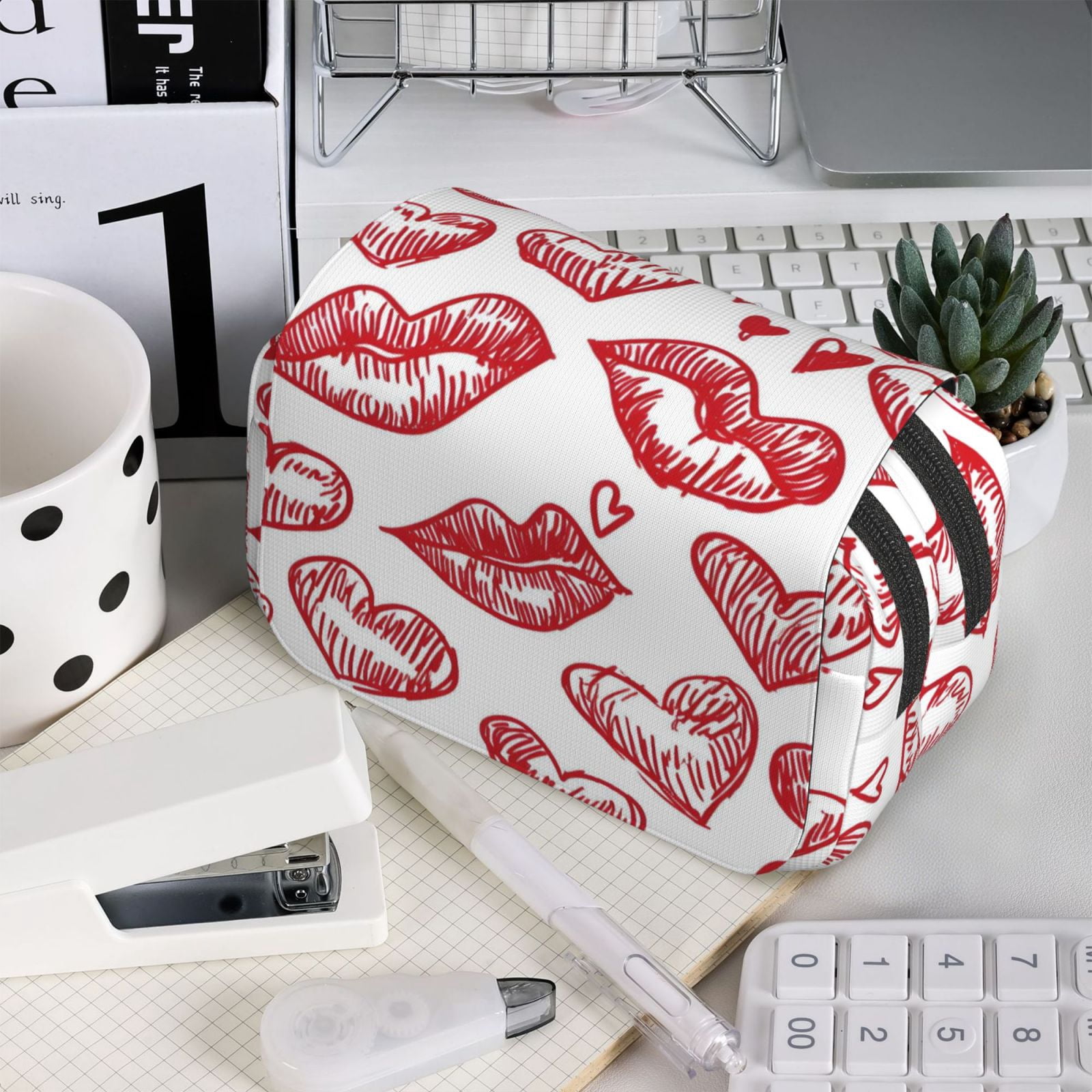 Large-Capacity Flip-Top Double-Layer Pencil Case, Multi-Functional Pocket Pen Case, Durable Stationery Organizer Valentines Day Sexy Lips And Hearts