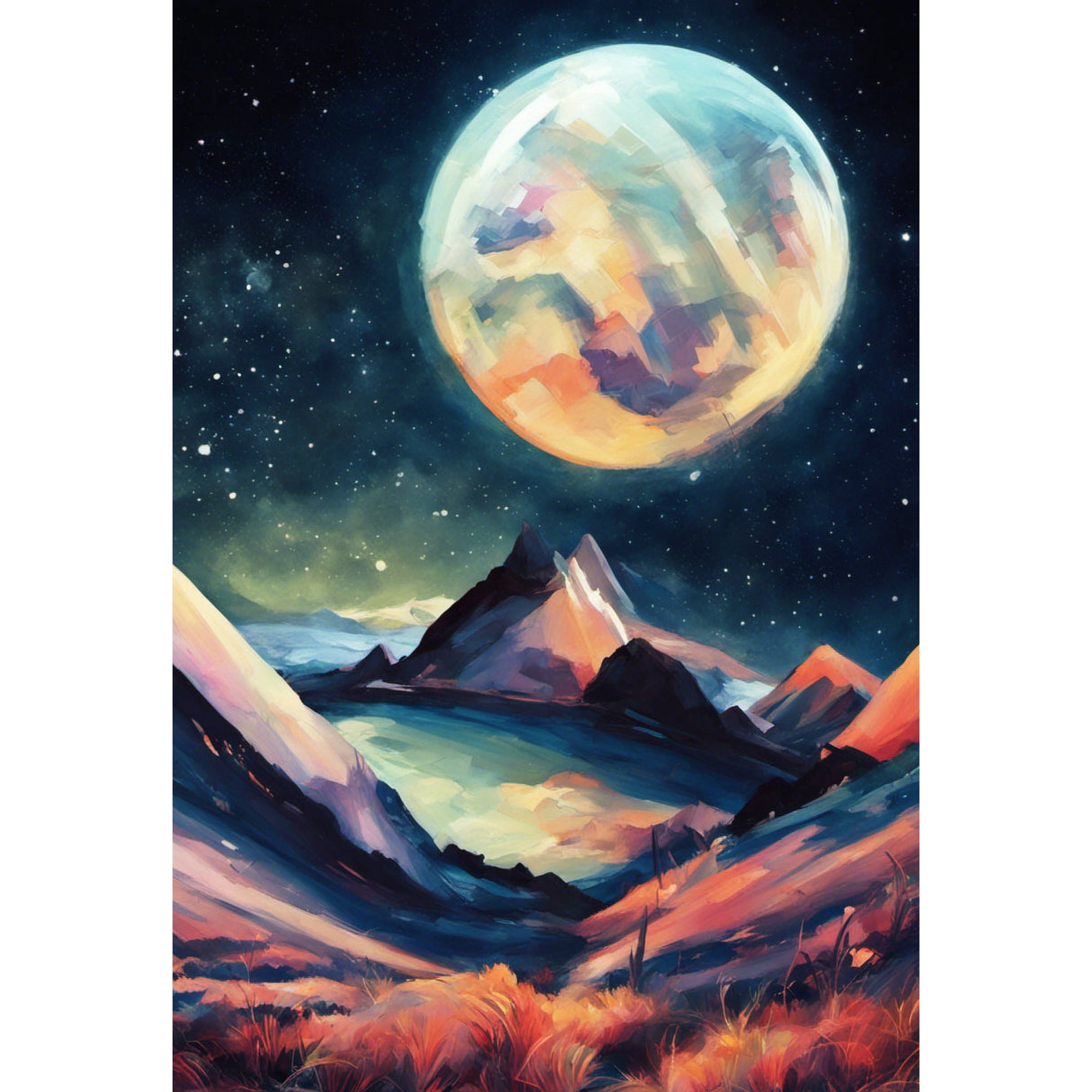 Abstract Moonlit Night in The Mountains Painting - 12 x 18 Art Print Wall Decor