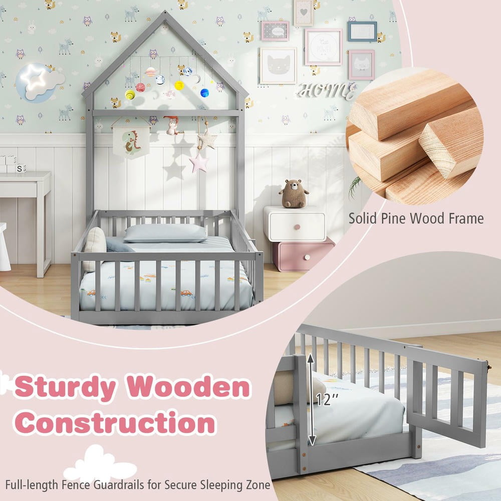 Barara King Twin Size Bedroom Bed Floor Frame with House-shaped Headboard, Bed Platform Frame for Apartment, Bedroom, Gray