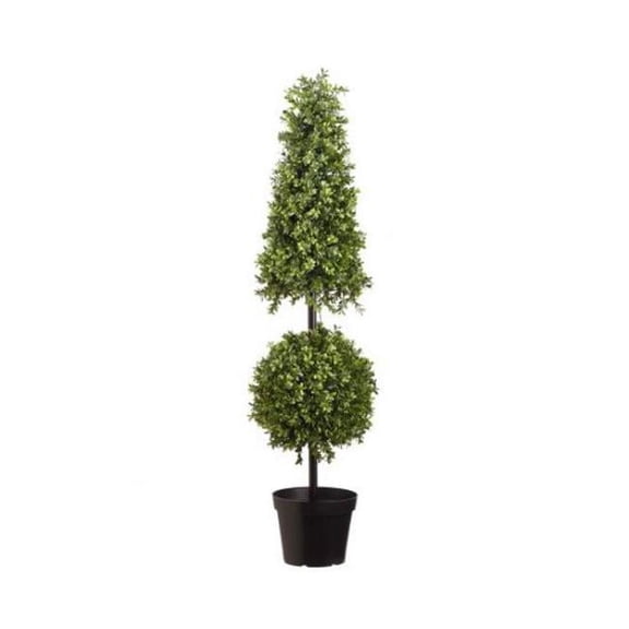 AllState Floral  42 in. UV-Resistant Outdoor Artificial Boxwood Ball & Cone-Shaped Battery Operated LED-Lighted Topiary with Pot - Green