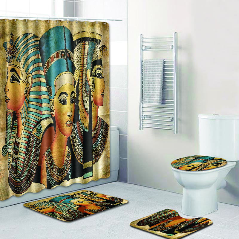 Waterproof Ancient Egyptian Lady & Tame Cheetah Shower Curtain Set Bathroom Mat