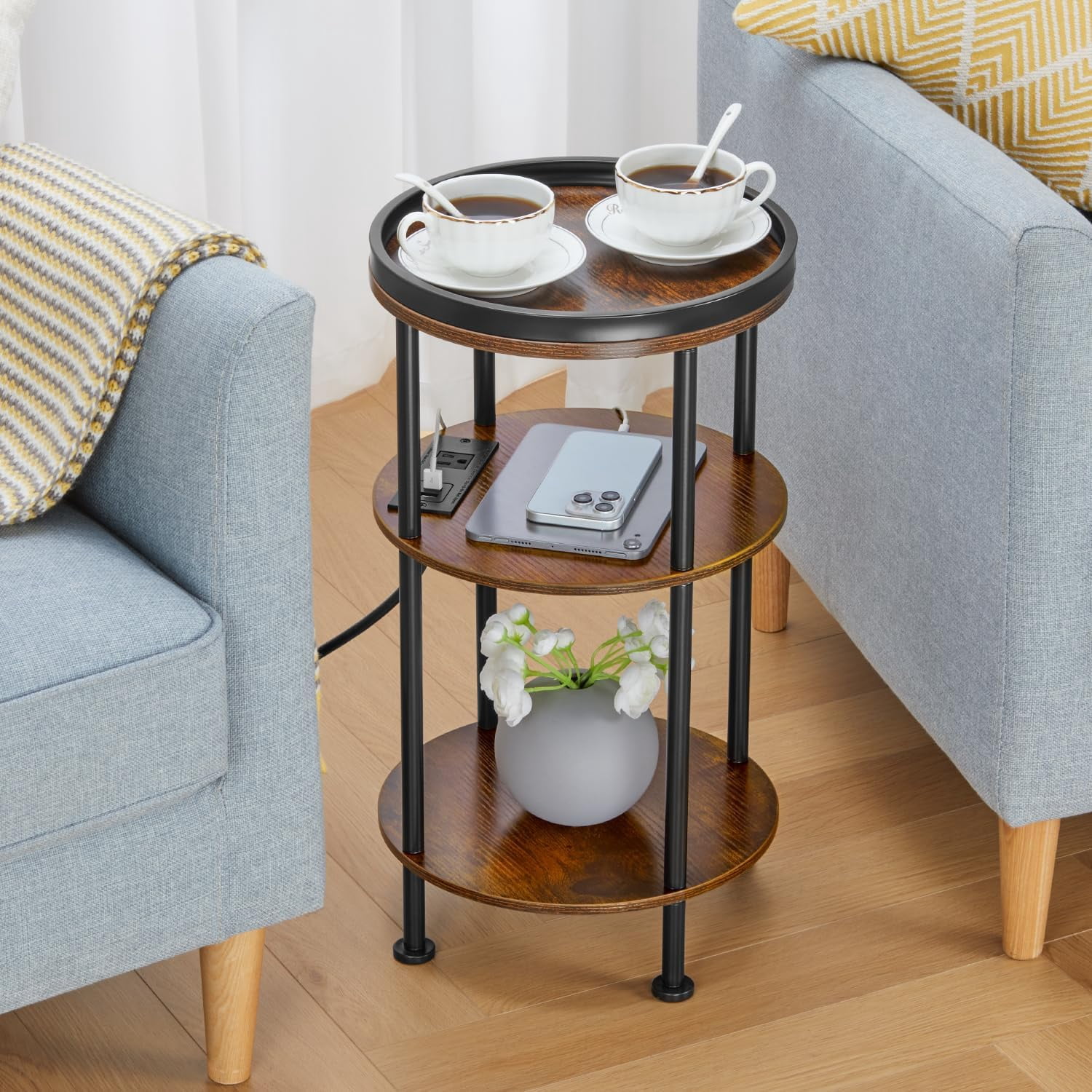 Small Round Side Table with Charging Station for Small Spaces, 3-Tier Round Accent Table with USB Ports & Power Outlets, Round Corner Table Tea Sofa Side Table for Living Room Bedroom (Rustic Brown)