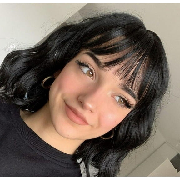 UTOURS Short Black Wig with Bangs Bob Wavy Synthetic Hair Wigs for Women
