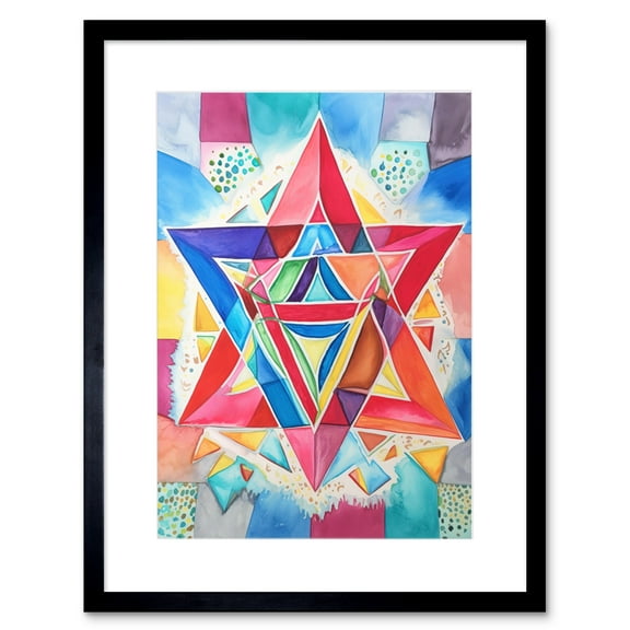 Jewish Star Of David Bright Multicoloured Folk Art Watercolour Painting Artwork Framed Print Wall Art 9X7 Inch