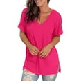 thumbnail image 4 of Fmbrln Womens Summer Short Sleeve V Neck Tops Casual Loose Side Slit Solid Color T-shirts Comfy Tees Blouse Hot Pink XL, 4 of 5