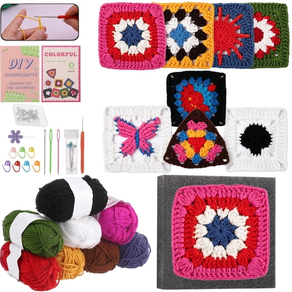 Crochet Kit for Beginners, Granny Square Crochet Kit with Yarns, Tools, and Step-by-Step Instructions, DIY Knitting Starter Set for Learning, Craft Making