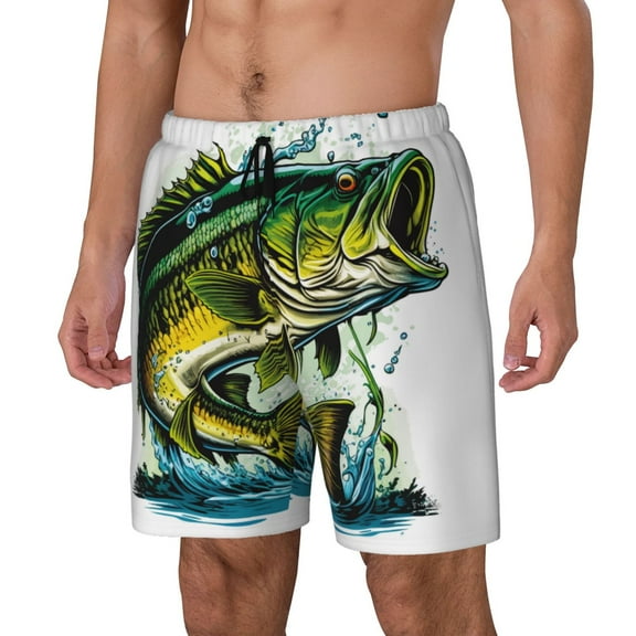 Naloa Big bass fish Print Men Swim Trunks with Compression Liner ,Board Shorts,Men's Swim Shorts with Drawstring and Elastic Waistband-Small