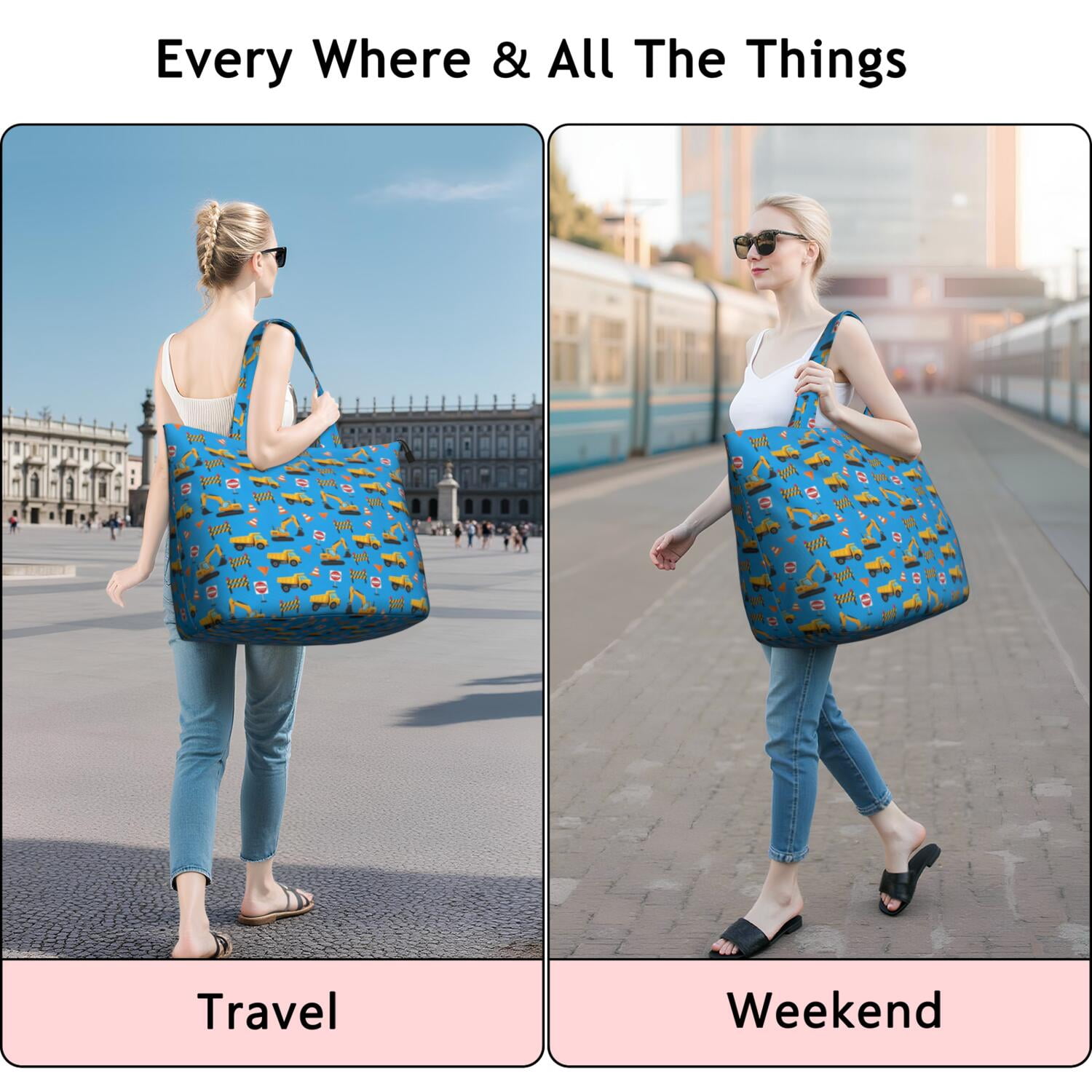 Cartoon Construction Vehicles Barriers Blue Pattern Travel Tote Bags for Women Carry On,Large Weekender Bags for Women Travel,Multi Functional Duffle Bag for Work,Shopping,Sports