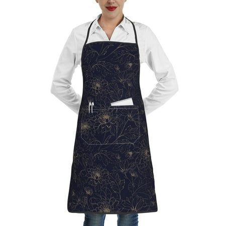 

Qekee Copper-Gold Gloss Outline Chrysanthemum Print Adjustable Bib Apron Resistant with Pocket Cooking Kitchen Aprons for Women Men Server Chef Apron