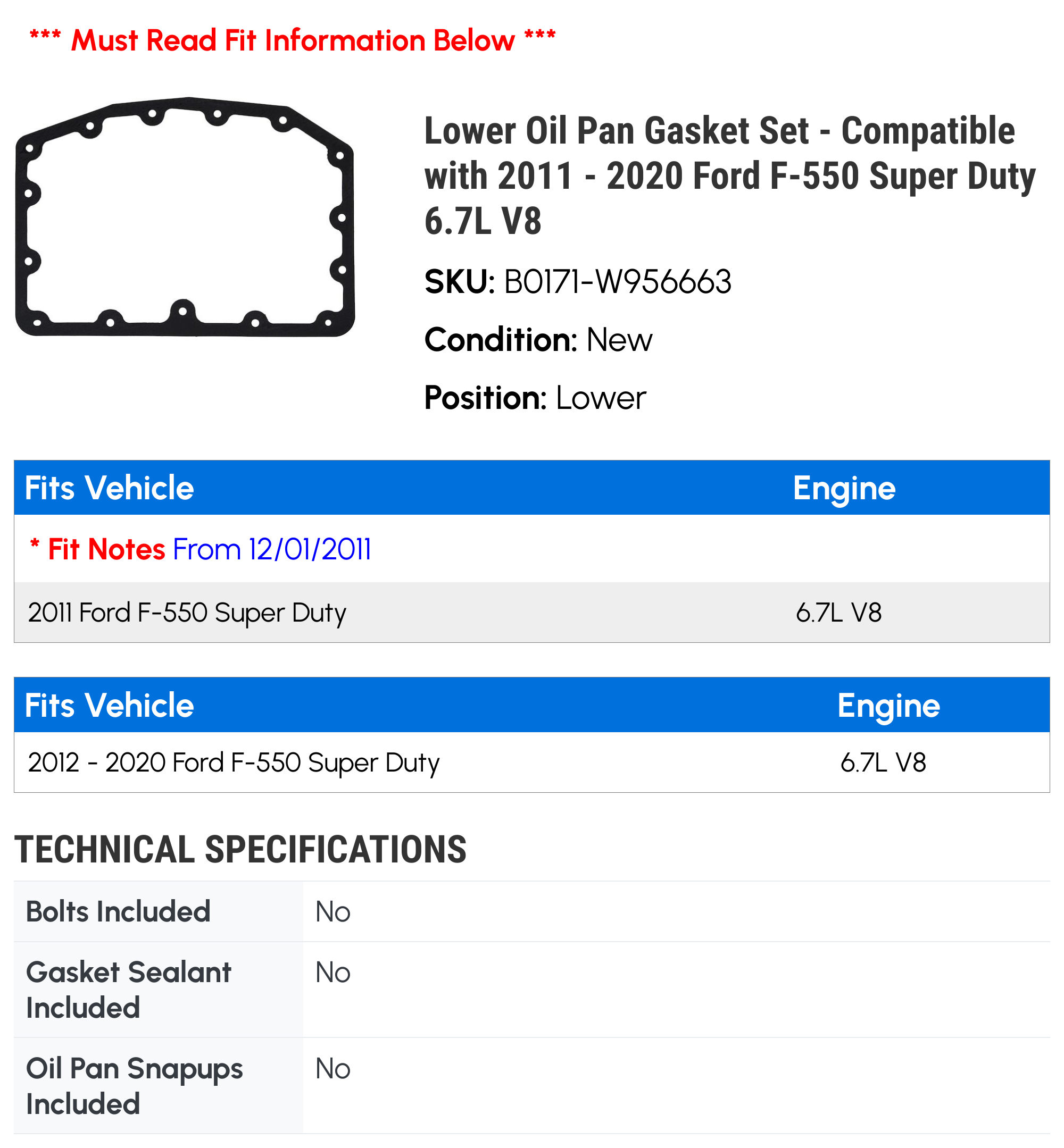 Lower Oil Pan Gasket Set - Compatible with 2011 - 2020 Ford F-550 Super Duty 6.7L V8 2012 2013 2014 2015 2016 2017 2018 2019